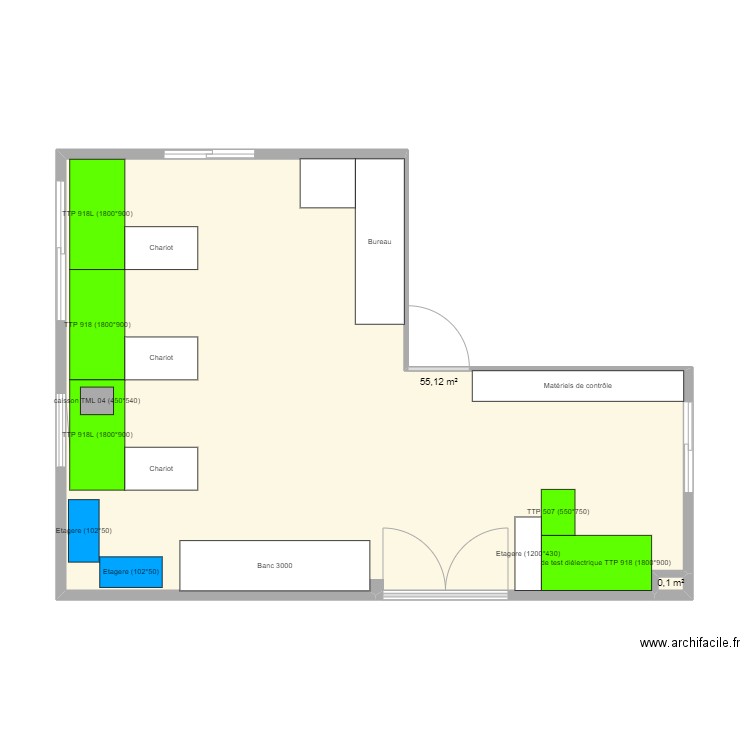 5S Contrôle V0. Plan de 2 pièces et 55 m2