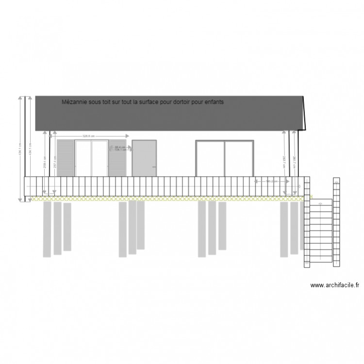 Façade  Sud sur pilotis plein pieds. Plan de 0 pièce et 0 m2
