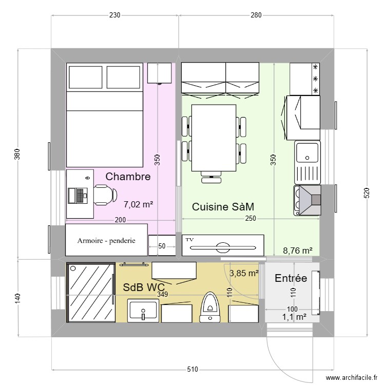 Mini 02. Plan de 4 pièces et 21 m2