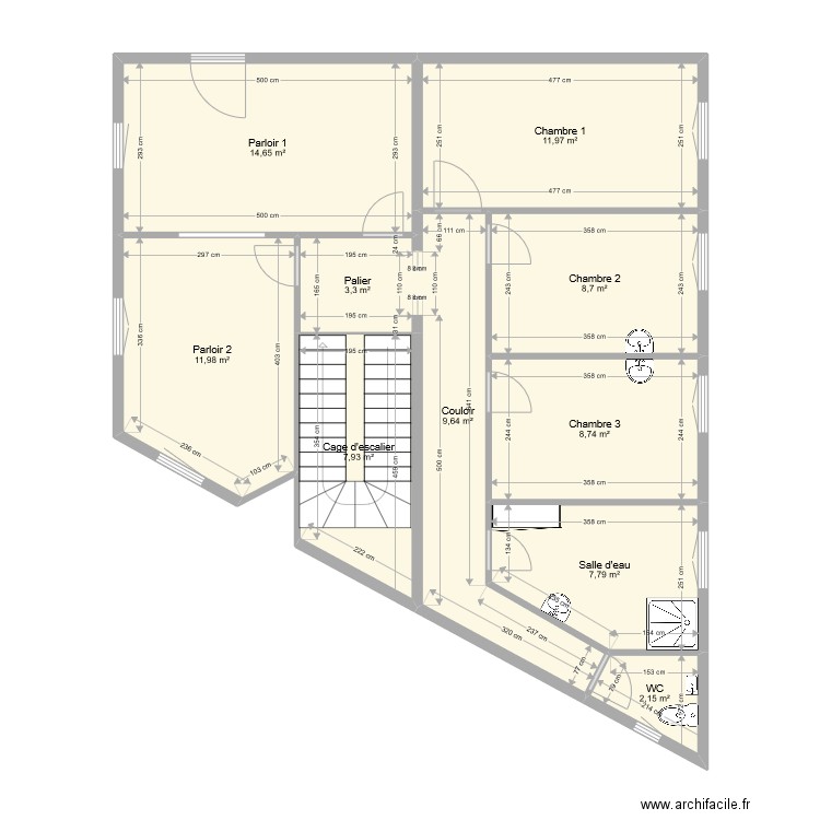 Etage logement Carmel existant. Plan de 10 pièces et 87 m2