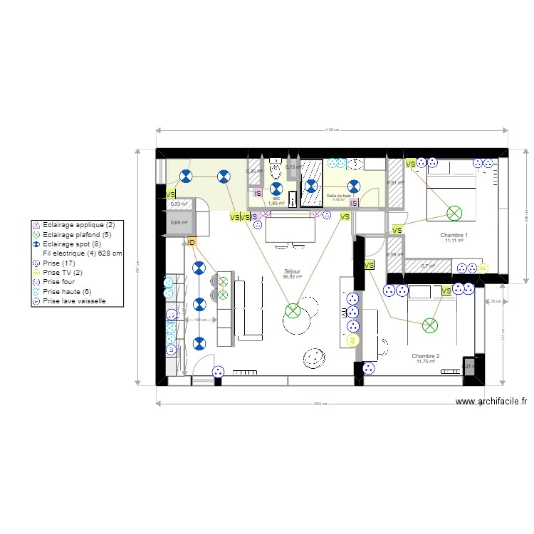 Plan appartement Projet 1 Plan éléctrique. Plan de 13 pièces et 70 m2