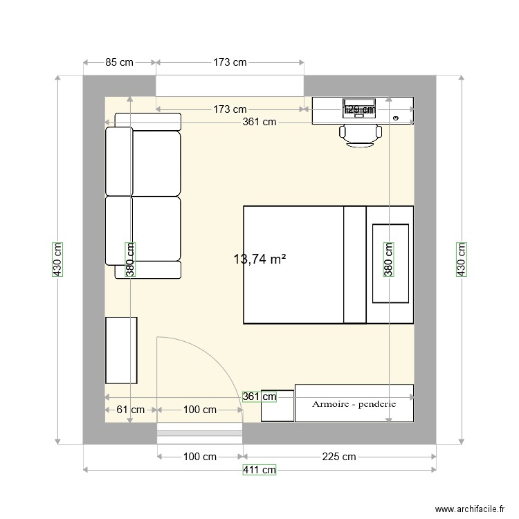 Chambre 2. Plan de 1 pièce et 14 m2