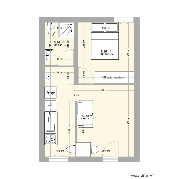 Apt3 a renover Palaiseau. Plan de 3 pièces et 30 m2