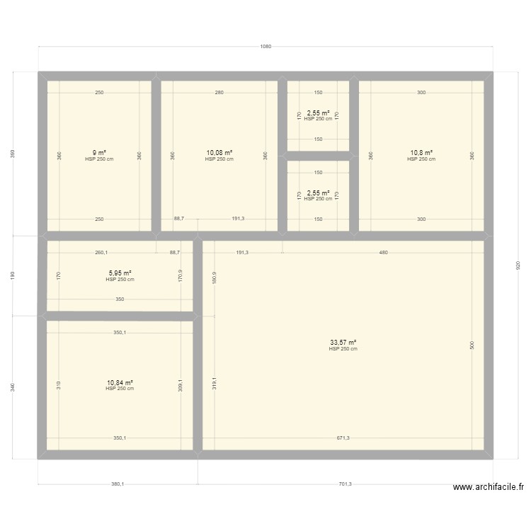 g030-2. Plan de 8 pièces et 85 m2