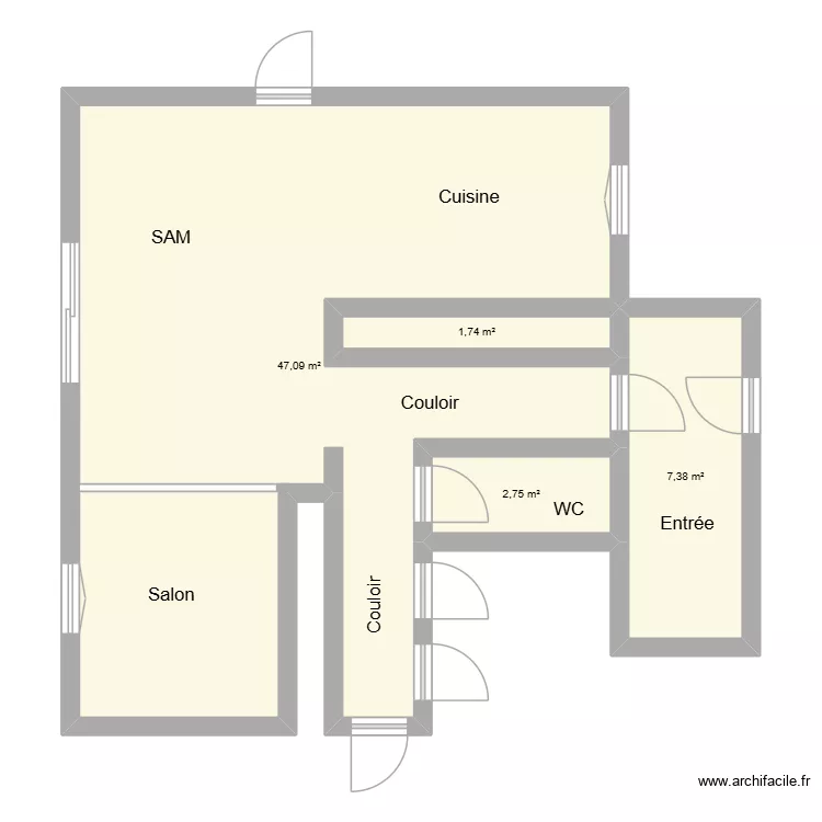 carrelage. Plan de 4 Pièces et 59 m²
