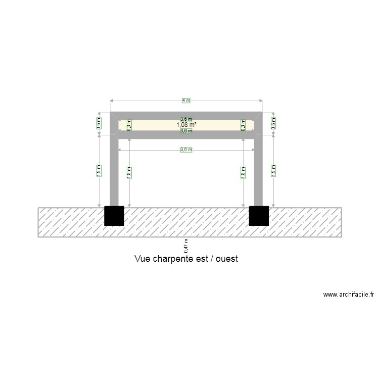 Charpente est ouest. Plan de 1 pièce et 1 m2