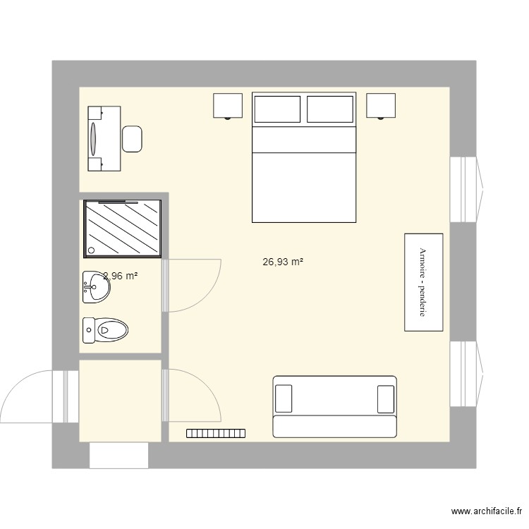 Chambre parentale jardin. Plan de 2 pièces et 30 m2