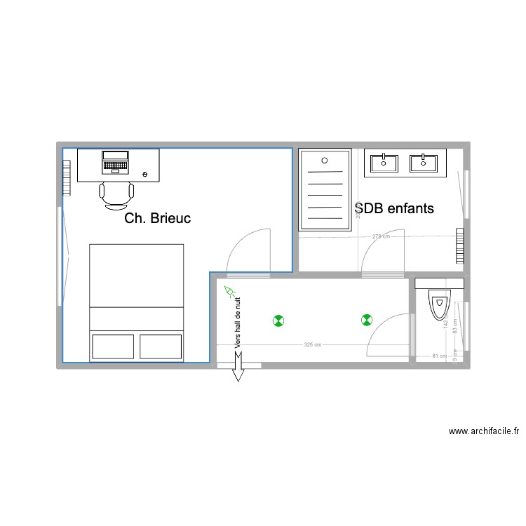 Ch Brieuc & SdB enfants. Plan de 4 pièces et 23 m2