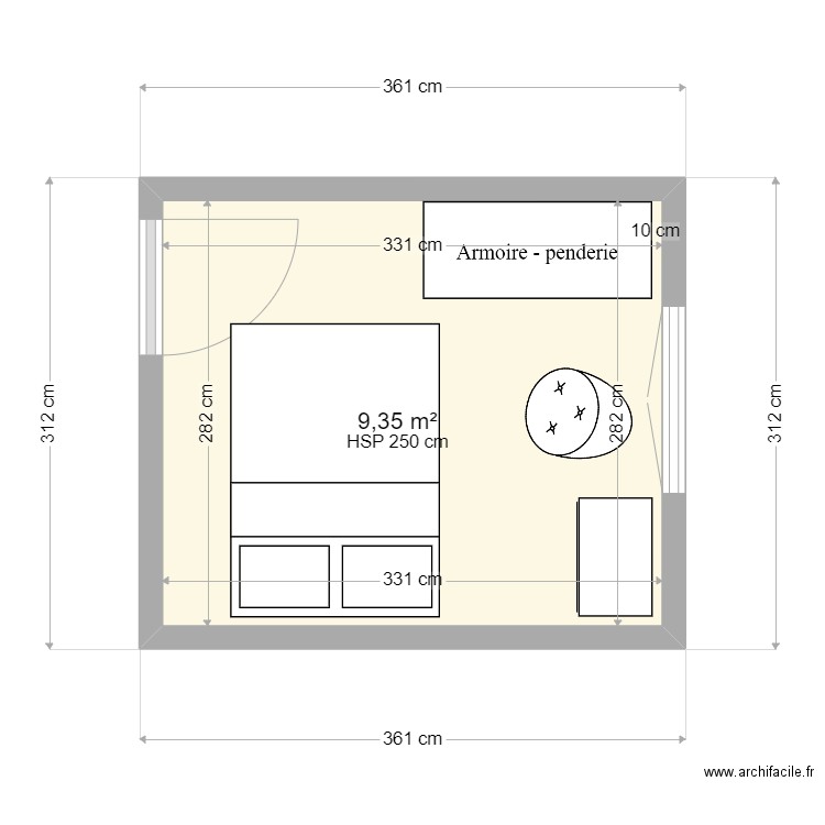 chambre N2. Plan de 1 pièce et 9 m2