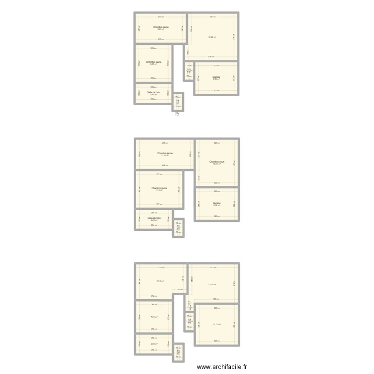 Etat actuel chambres. Plan de 20 pièces et 150 m2