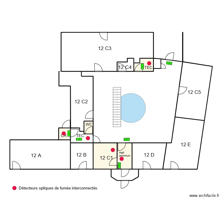 Parties communes. Plan de 14 pièces et 203 m2