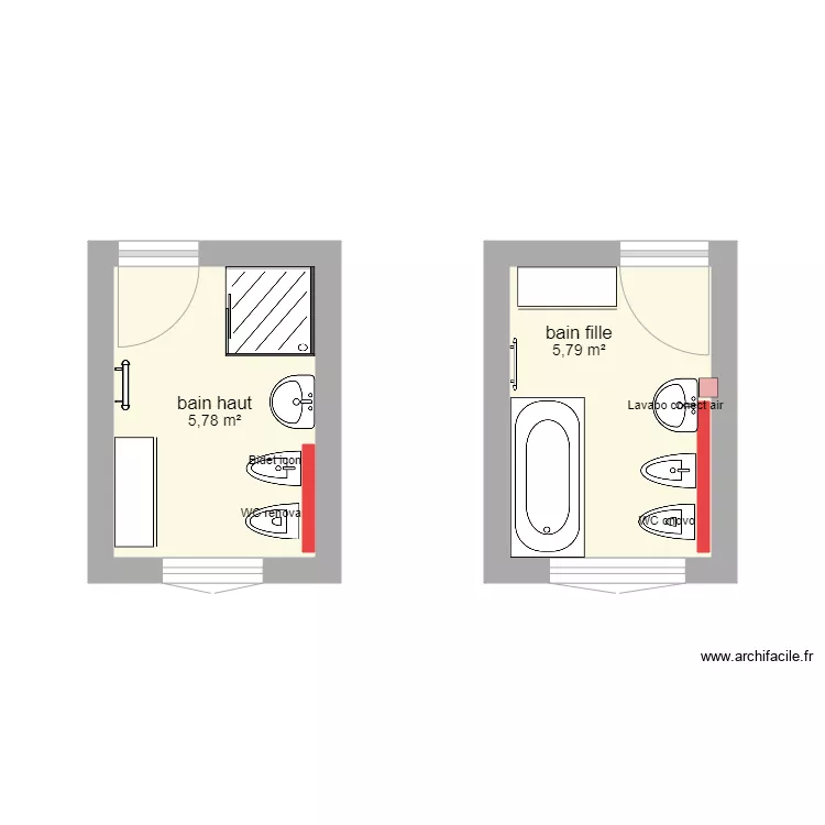 salles de bain jumelles. Plan de 