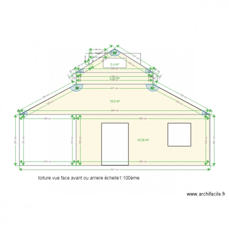 toiture vue face avant  ou arriere avec pente et lucarne. Plan de 0 pièce et 0 m2