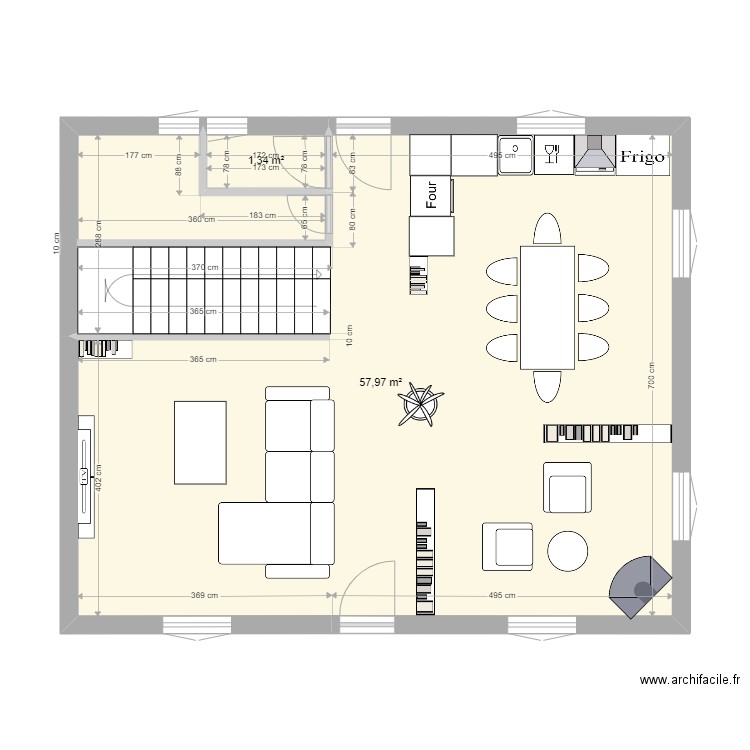 10 CL RDC meublé. Plan de 2 pièces et 59 m2