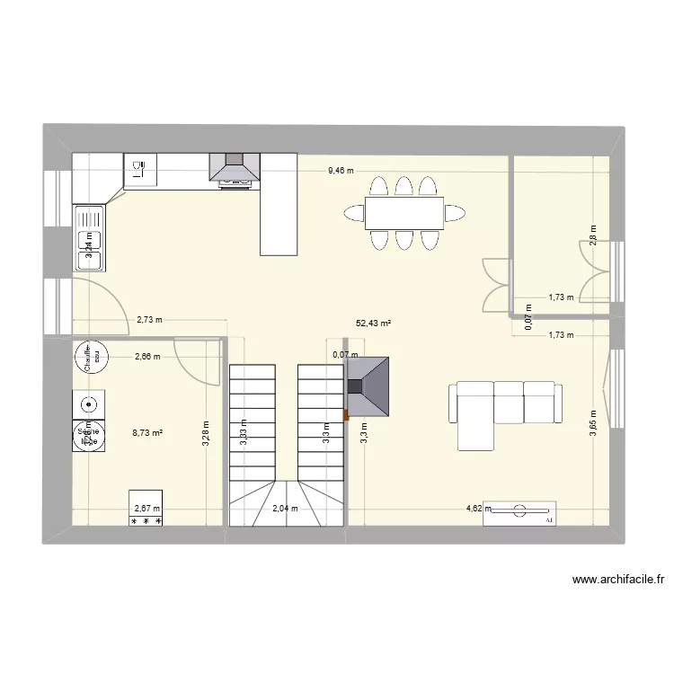 cuisine. Plan de 2  et 61 m²