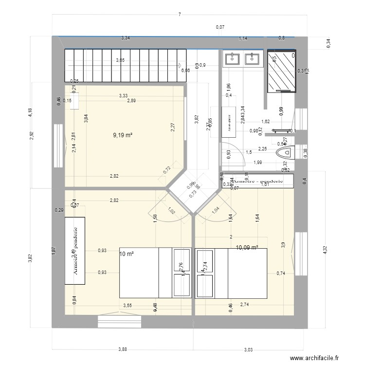 Etage Cabanon2. Plan de 3 pièces et 31 m2