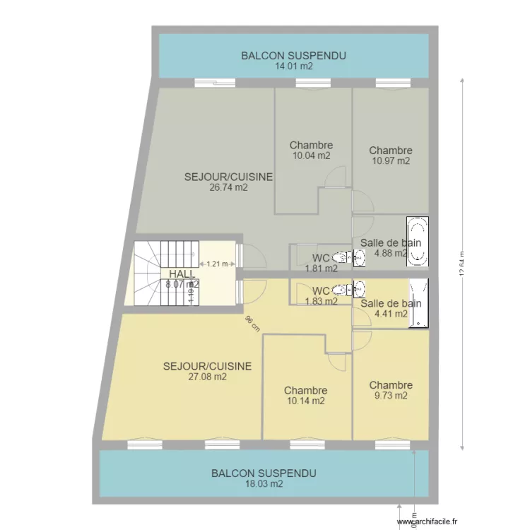 cel REZ DE CHAUSSEE ETAGE BALCON SUSPENDU. Plan de 