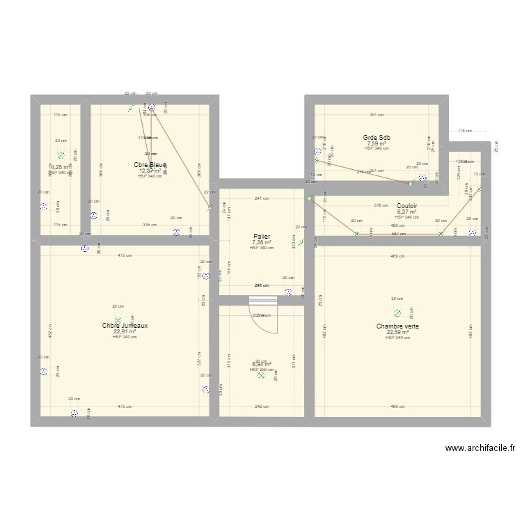 La Clotte Etage Plan Electrique V1. Plan de 8 pièces et 90 m2