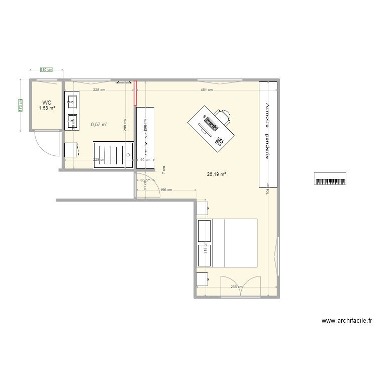 Plan Niveau R+1_porte2 et bureau. Plan de 3 pièces et 34 m2