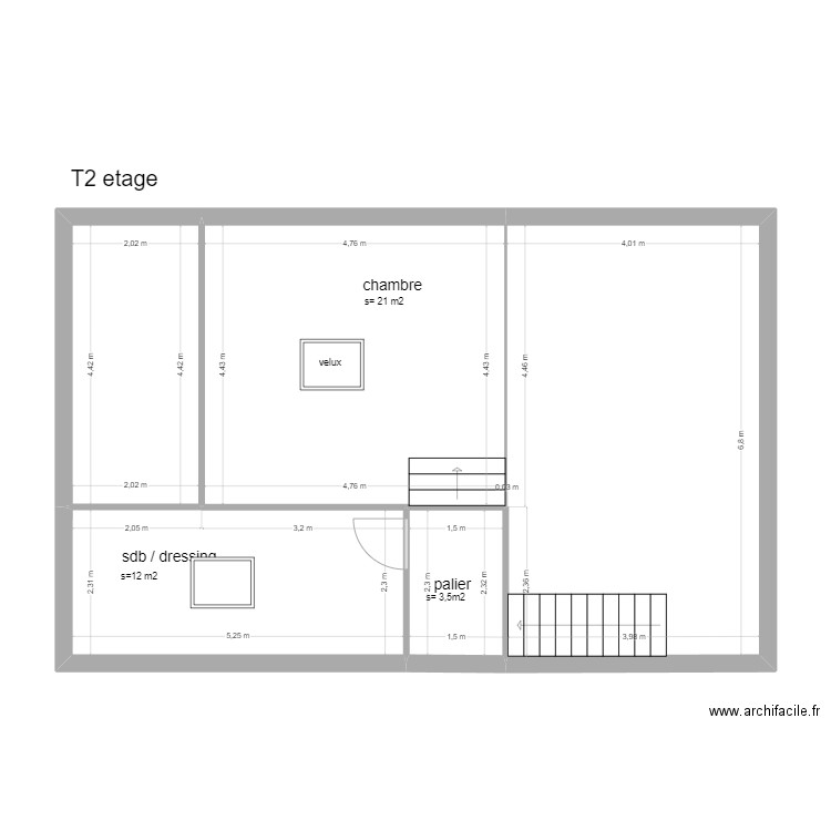 T2 étage. Plan de 5 pièces et 73 m2