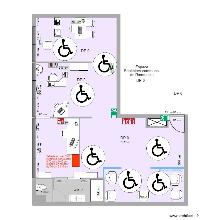 CABINET D'OPHTALOMOLOGIE APRES TRAVAUX espace usage et rotation. Plan de 5 pièces et 80 m2