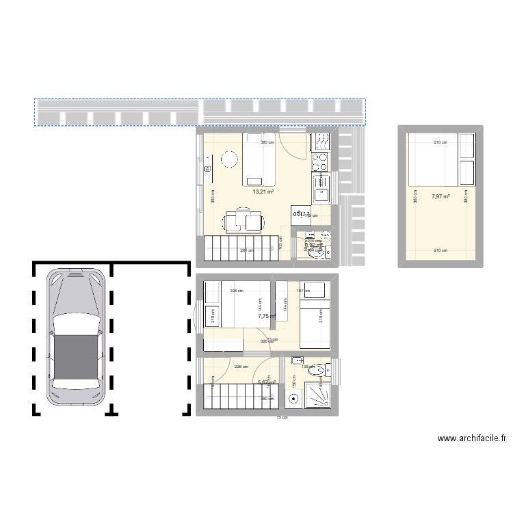 Unterems 4 x 4 m. Plan de 5 pièces et 36 m2