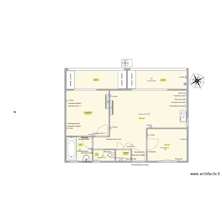 Plan Origine ELEC / Plomberie sans quotes. Plan de 8 pièces et 53 m2