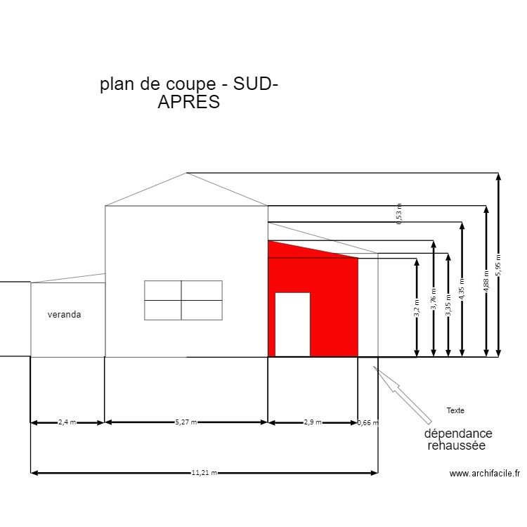 plan de coupe -sud-APRES dependance réhaussée avec cotes. Plan de 0 pièce et 0 m2