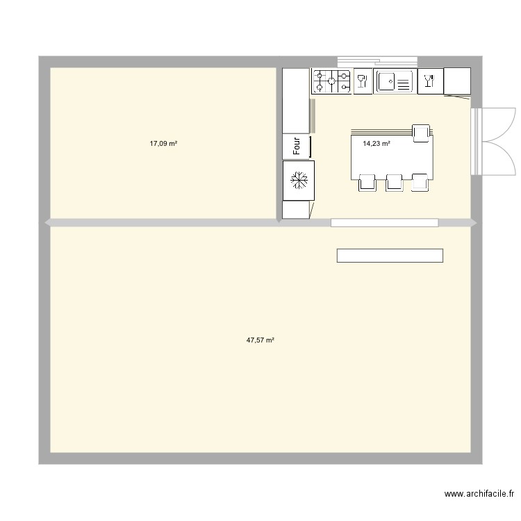 Salon salle à manger cuisine Hossegor. Plan de 3 pièces et 79 m2