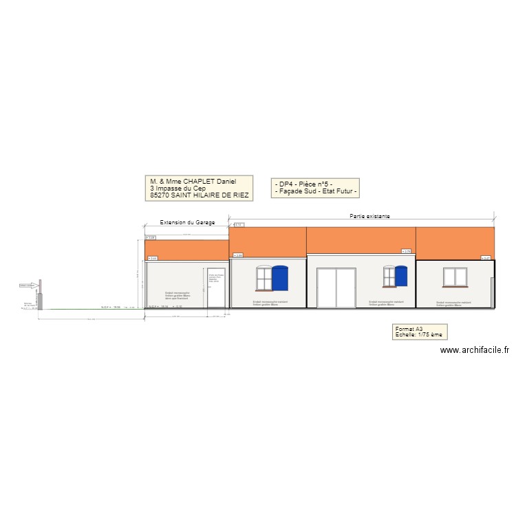 Extension Garage Façade Sud. Plan de 3 pièces et 36 m2