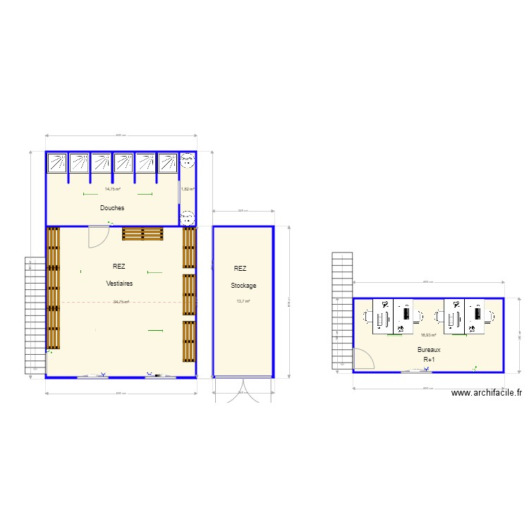 LLHC vestiaire. Plan de 5 pièces et 82 m2