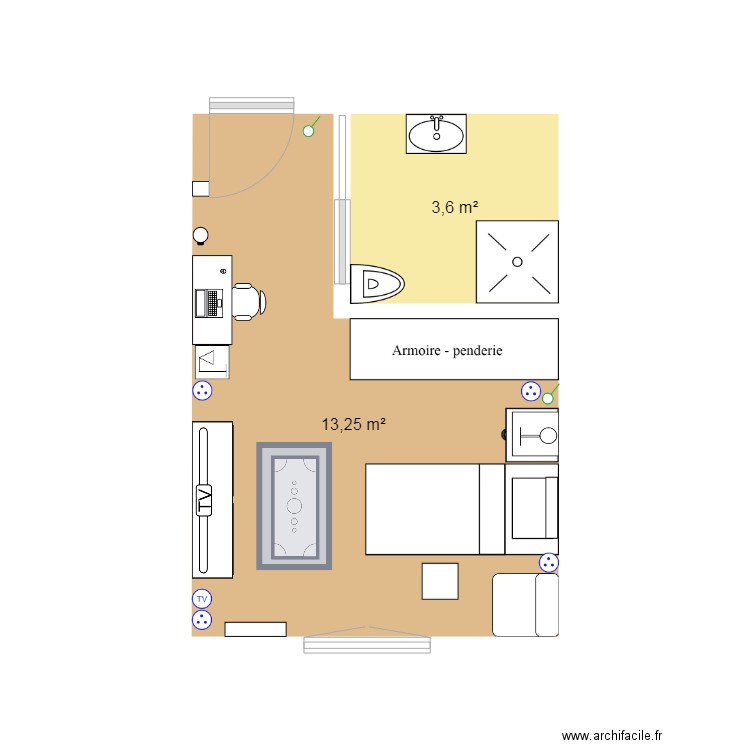 Chambre Personne Agée. Plan de 2 pièces et 17 m2