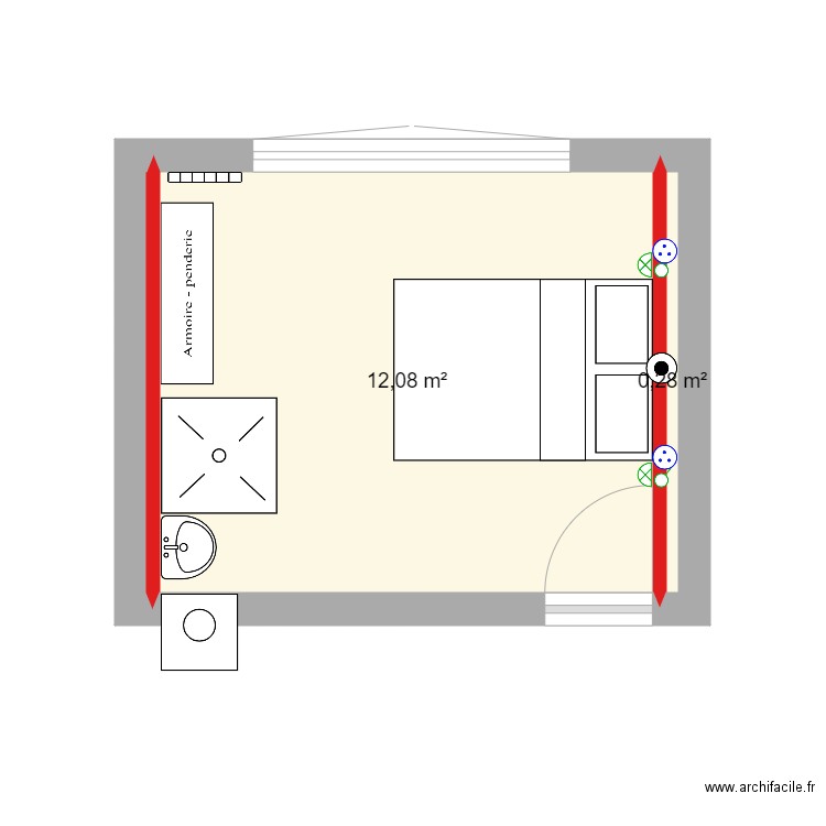 Chambre d'amies v2. Plan de 2 pièces et 12 m2
