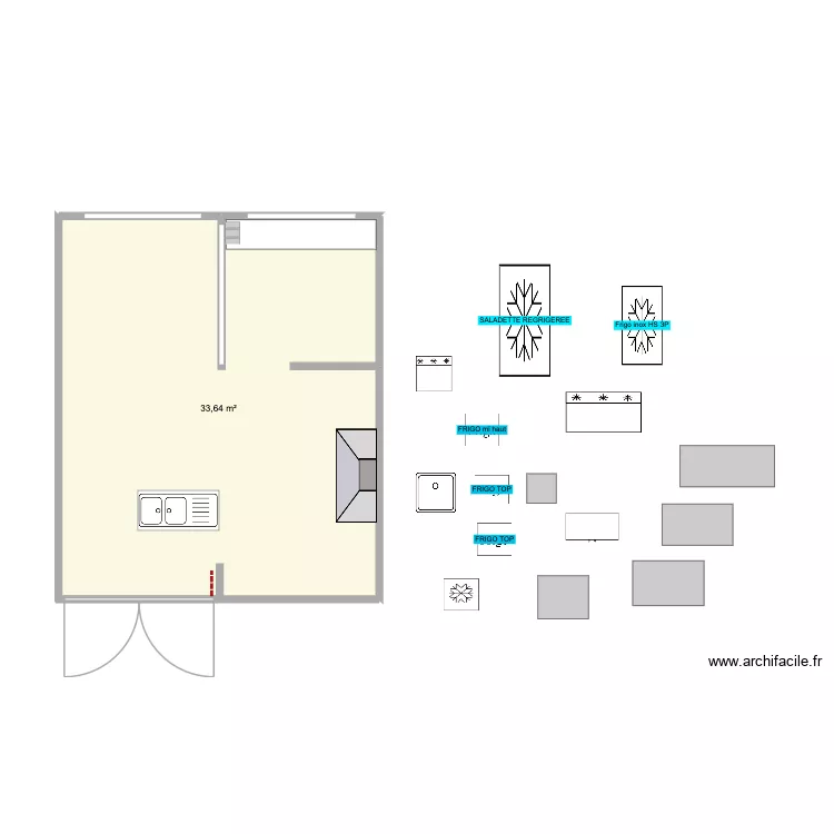Plan Cuisine guinguette. Plan de 1  et 34 m²