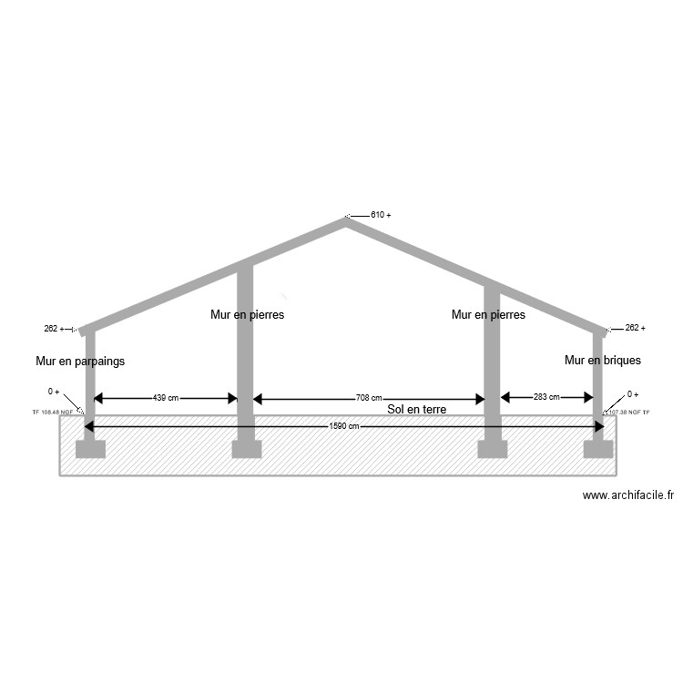 plan de coupe existant face Sud. Plan de 1 pièce et 30 m2