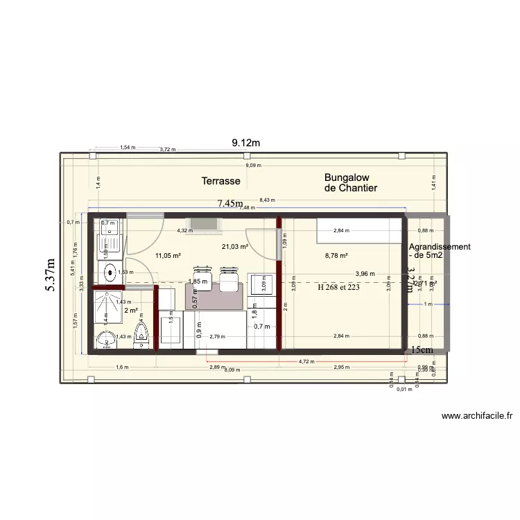 Bungalow. Plan de 5  et 46 m²