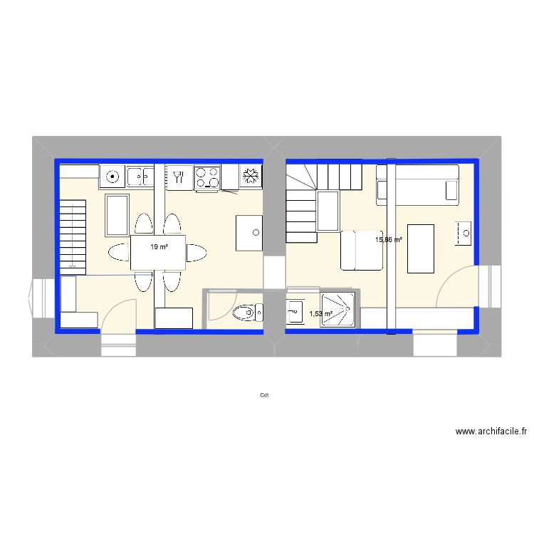 PM N1cuisine avec esc semi héli P Est. Plan de 3 pièces et 36 m2