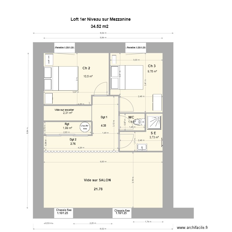 Loft 1er  Niveau sur Mezzanine. Plan de 7 pièces et 58 m2