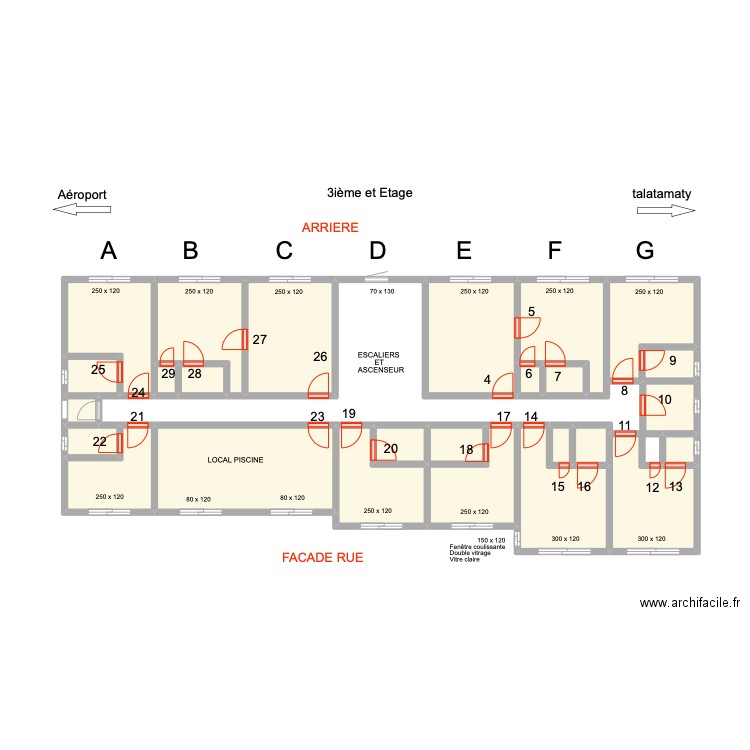 Ouvertures portes 3ième ET. Plan de 25 pièces et 39 m2