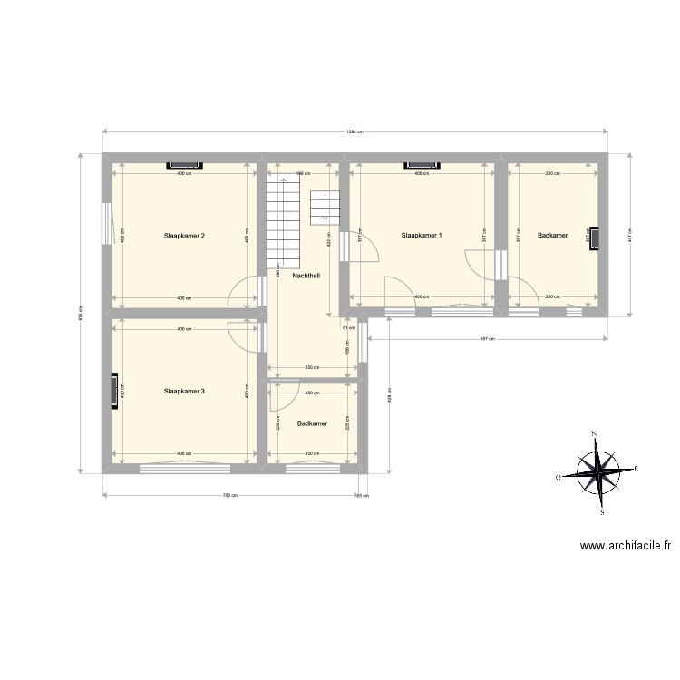 Membruggen - 1ste verdieping. Plan de 6 pièces et 76 m2
