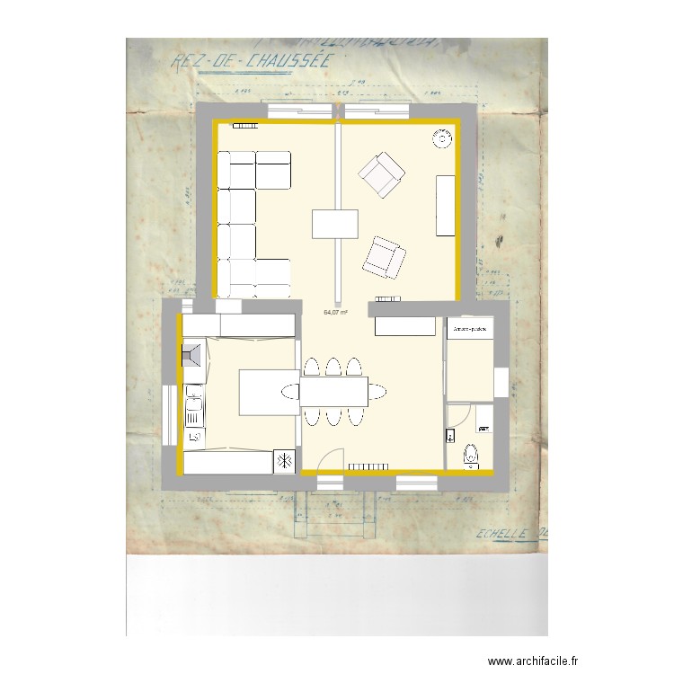 martinerie RDC . Plan de 1 pièce et 64 m2