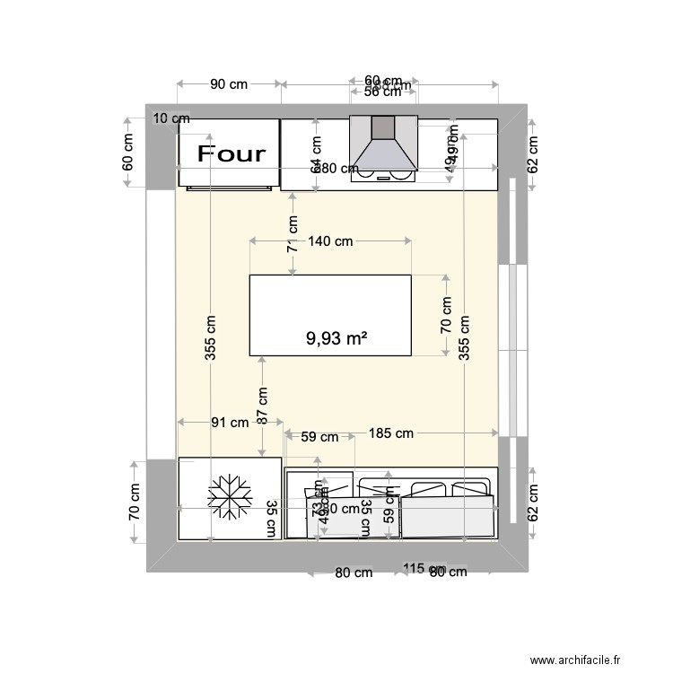 cuisine. Plan de 1 pièce et 10 m2