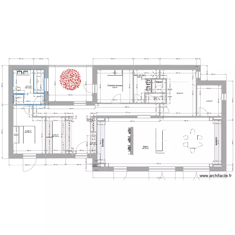 PLAN4B-COULOIR pour CHAMBRE-sans ouverture NORD-2 juin -134m2-. Plan de 
