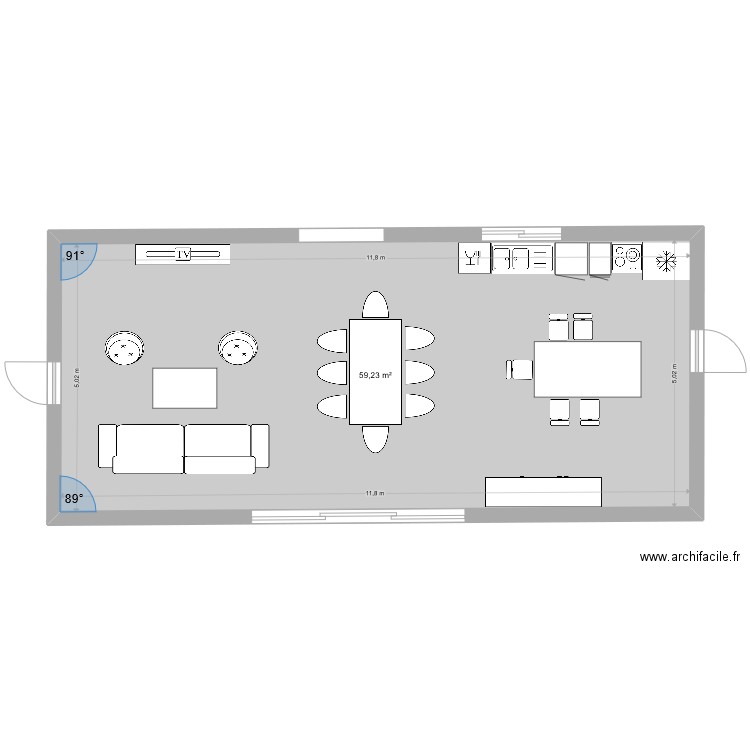 amenagement piece de vie V2. Plan de 1 pièce et 59 m2