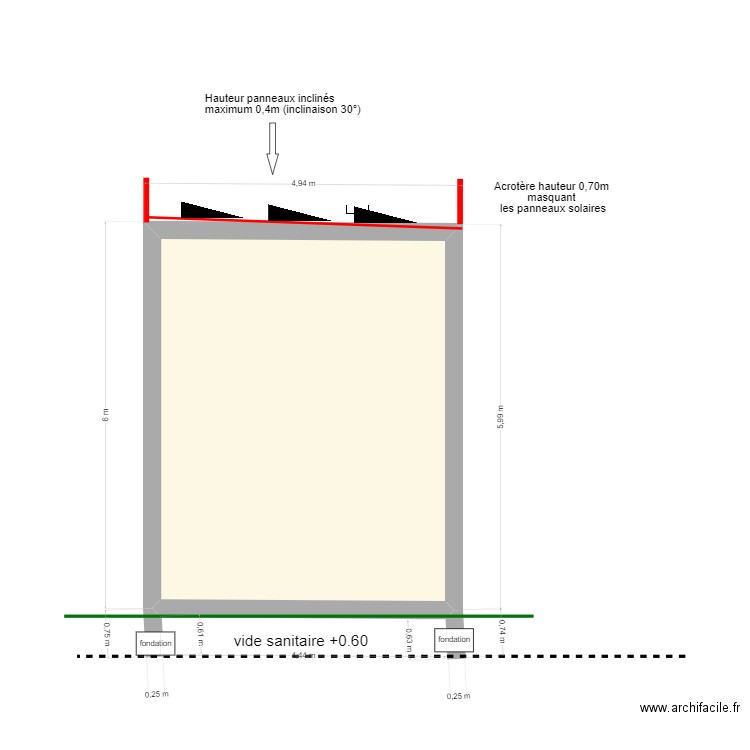 Plan de coupe toiture plate 2. Plan de 1 pièce et 25 m2