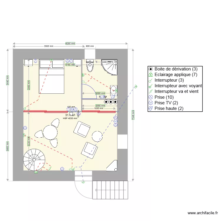 ETAGE avec fen&ecirc;tre SDB plan &eacute;lectrique. Plan de 