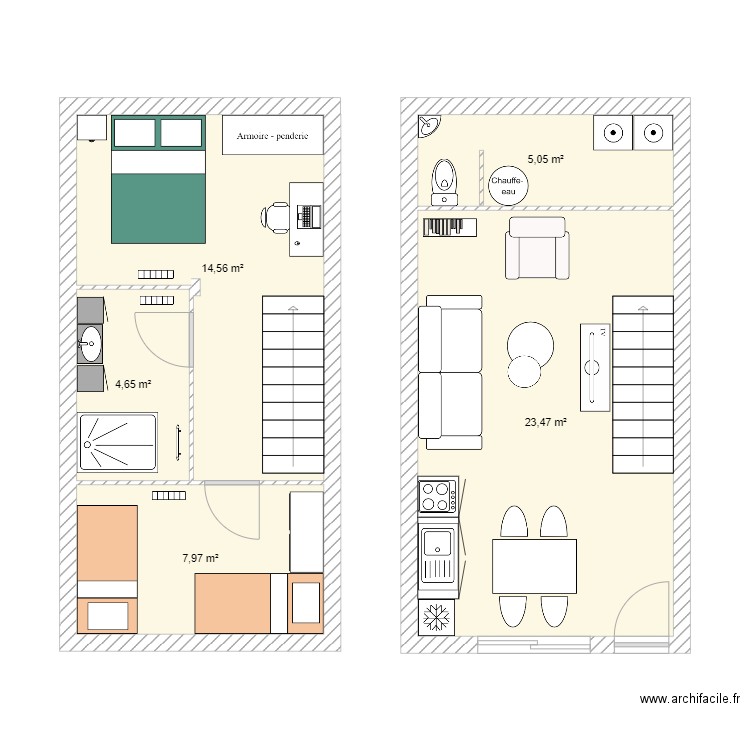 Rénovation T3. Plan de 5 pièces et 56 m2