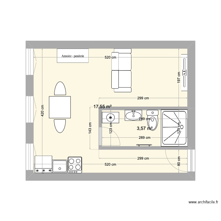 RDC 1 GAUCHE. Plan de 2 pièces et 21 m2