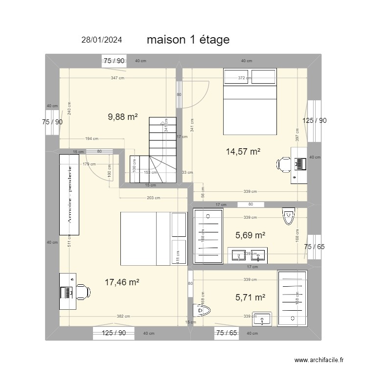 ETAGE MAISON PRINCIPALE. Plan de 5 pièces et 53 m2