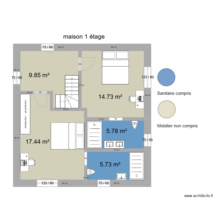 ETAGE MAISON PRINCIPALE. Plan de 5 pièces et 53 m2